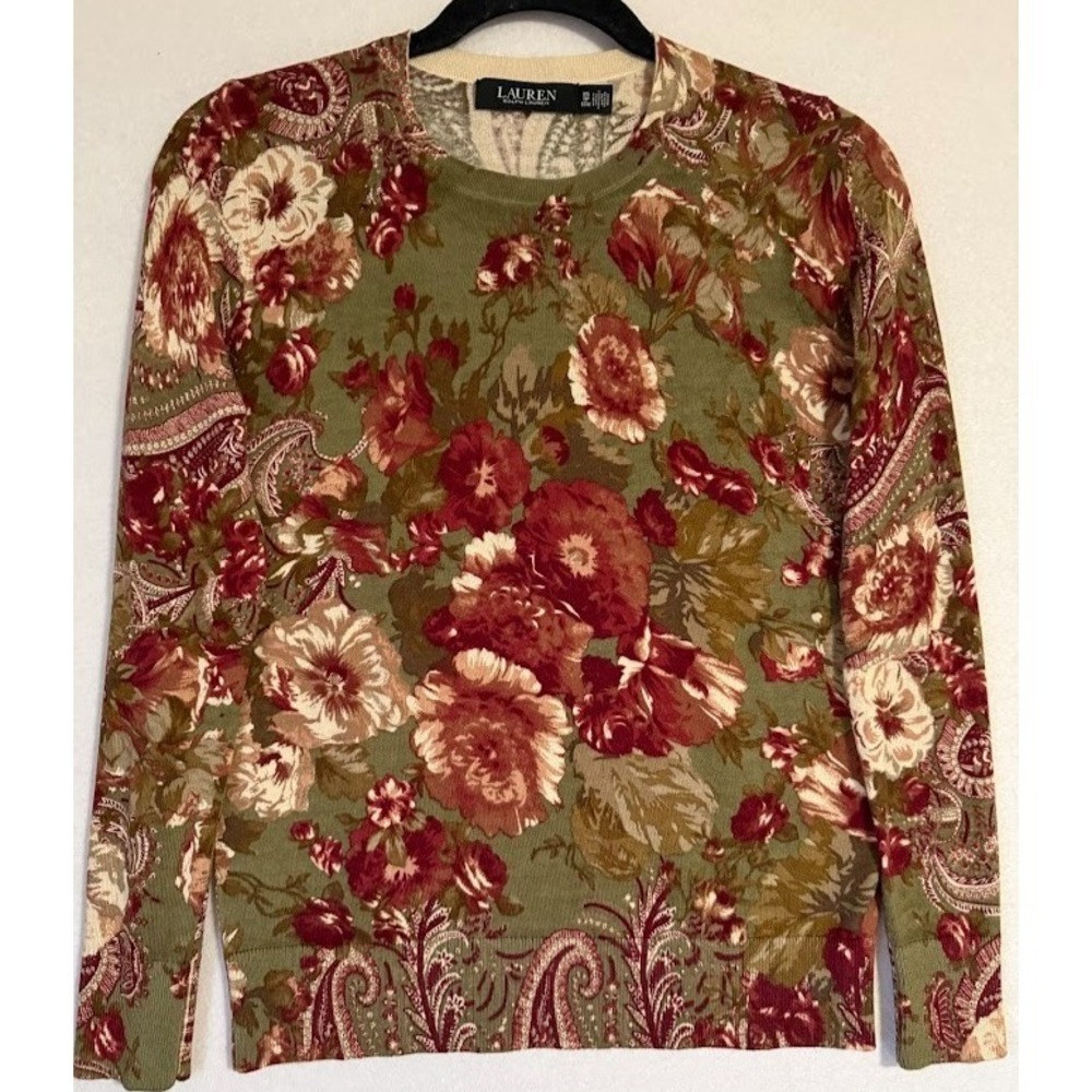 Lauren Ralph Lauren Top Women XS Multicolor Floral Cotton Modal‎ Fall Crew Neck